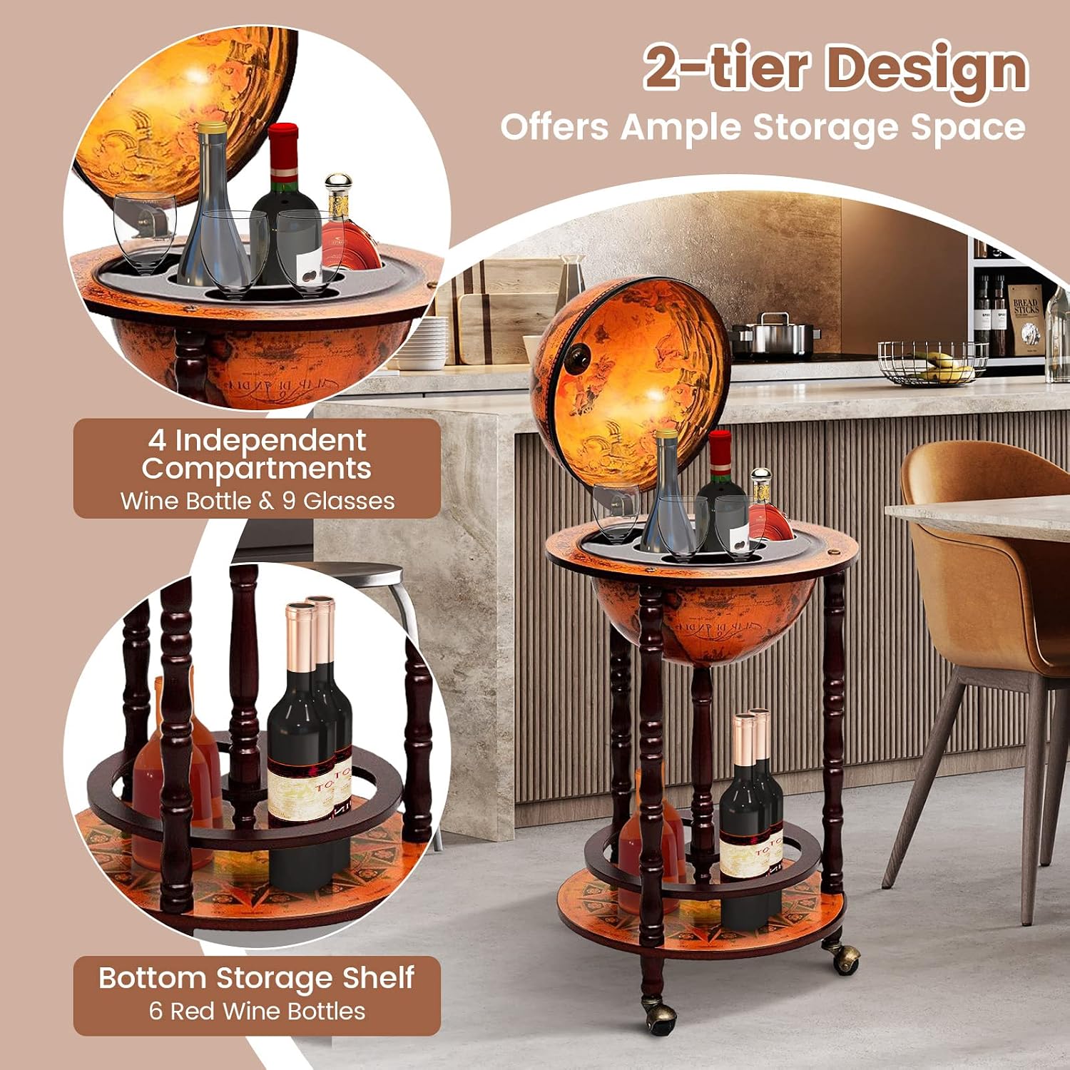 Globe Bar Cart Liquor Bar Cabi - Home Bar Shelves ulasan dan harga