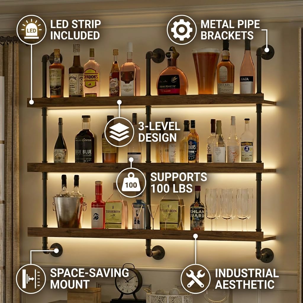 Wall Mounted Wine Rack With LE - Home Bar Shelves ulasan dan harga
